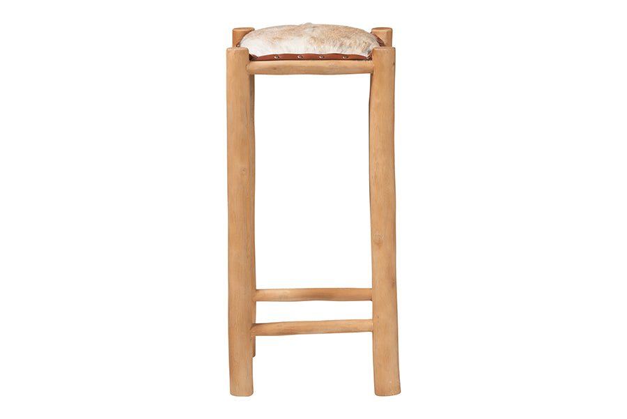 bali & pari Rivera Genuine Goat Leather Bar Stool - Rustic Boho Seating with Teak Wood Frame and Natural Hide Upholstery