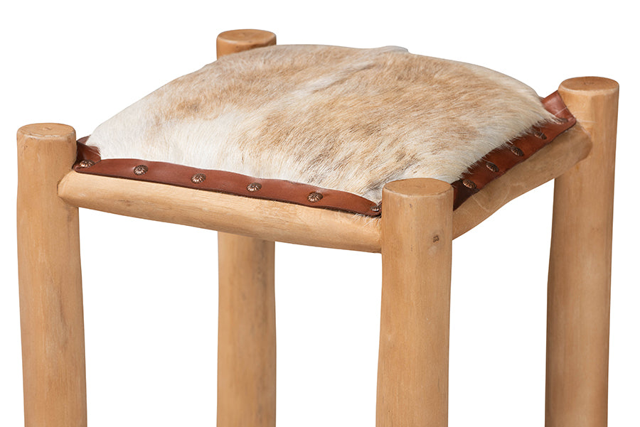 bali & pari Rivera Genuine Goat Leather Bar Stool - Rustic Boho Seating with Teak Wood Frame and Natural Hide Upholstery