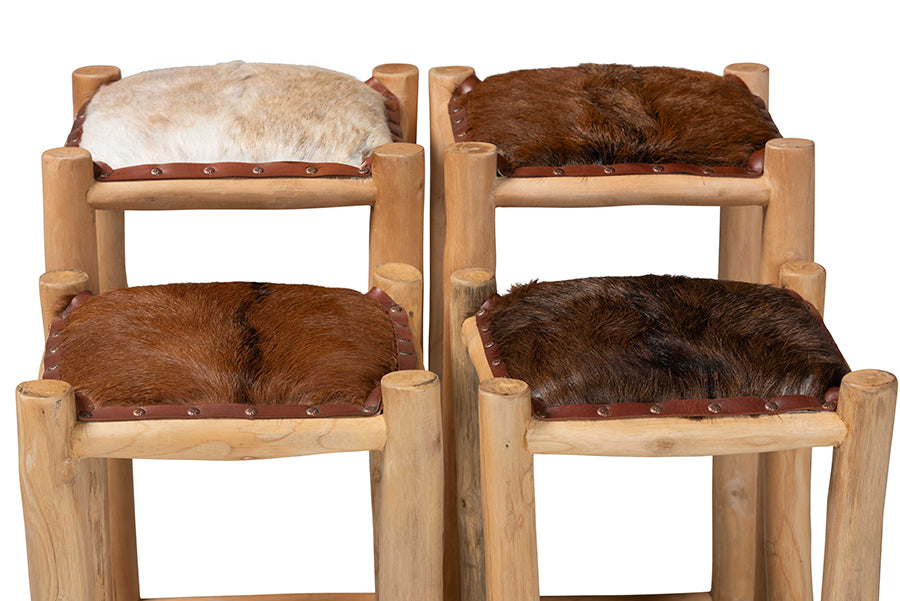 bali & pari Rivera Genuine Goat Leather Bar Stool - Rustic Boho Seating with Teak Wood Frame and Natural Hide Upholstery