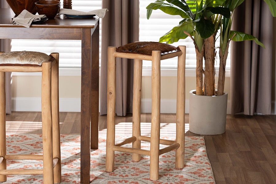 bali & pari Rivera Genuine Goat Leather Bar Stool - Rustic Boho Seating with Teak Wood Frame and Natural Hide Upholstery
