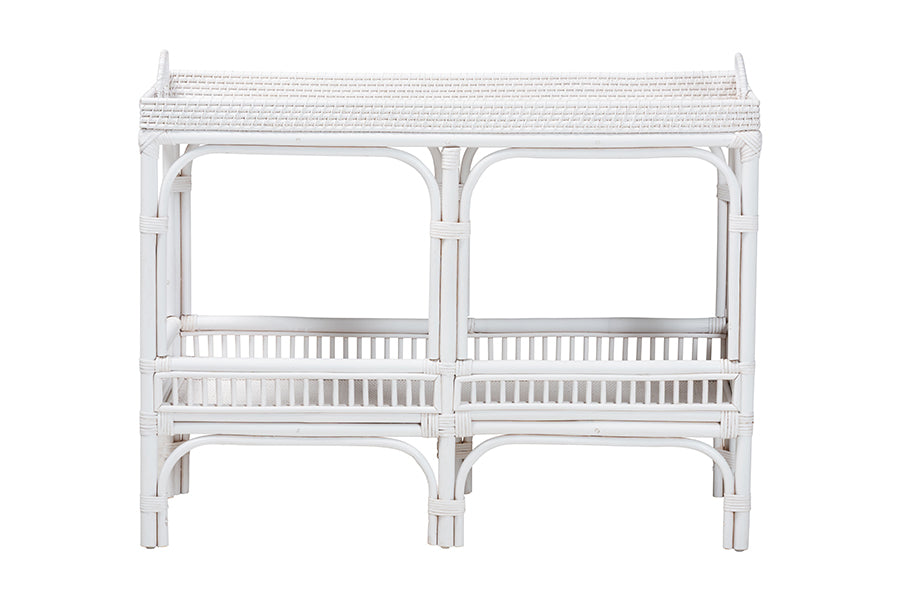 bali & pari Lombok Natural Rattan Console Table - Handwoven Wicker 2-Tier Accent Table with Raised Tray Top for Living Room or Entryway, White