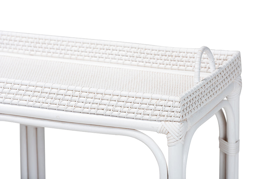 bali & pari Lombok Natural Rattan Console Table - Handwoven Wicker 2-Tier Accent Table with Raised Tray Top for Living Room or Entryway, White