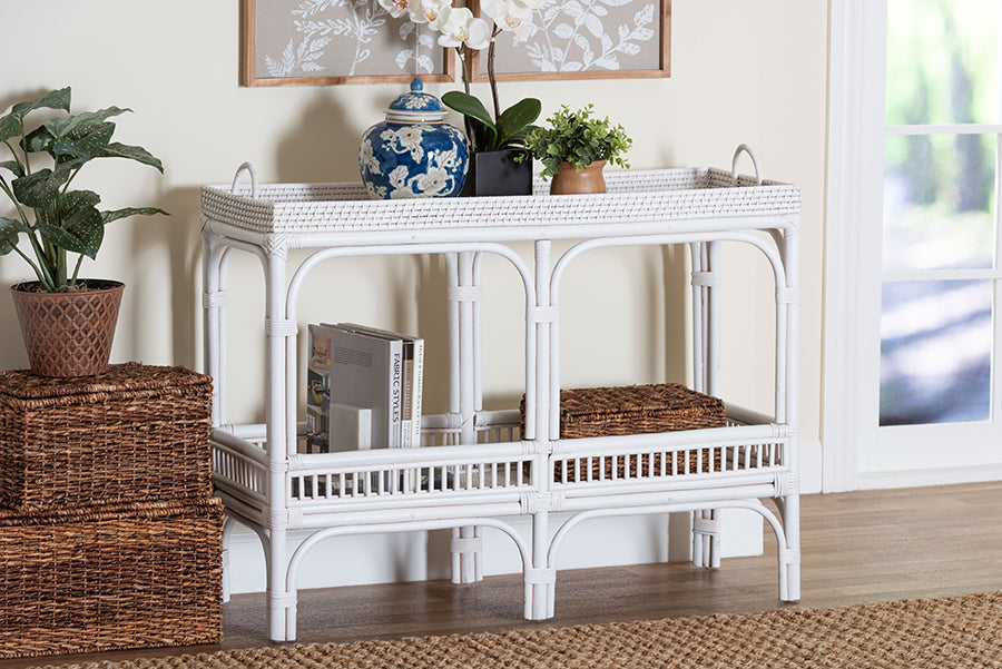 bali & pari Lombok Natural Rattan Console Table - Handwoven Wicker 2-Tier Accent Table with Raised Tray Top for Living Room or Entryway, White