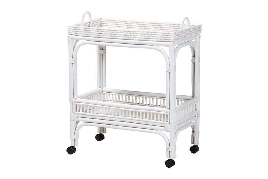 bali & pari Lombok Natural Rattan Wine Cart - Handwoven Wicker 2-Tier Mobile Bar Cart with Raised Tray Top Kitchen or Lounge, White