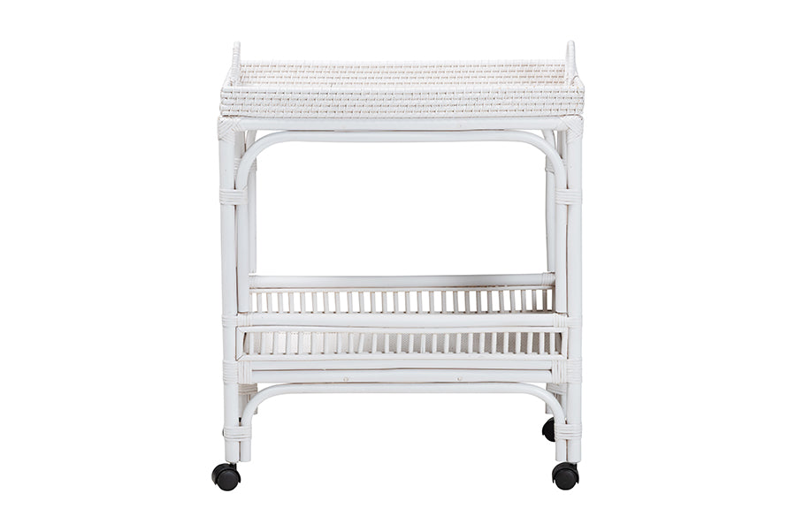 bali & pari Lombok Natural Rattan Wine Cart - Handwoven Wicker 2-Tier Mobile Bar Cart with Raised Tray Top Kitchen or Lounge, White