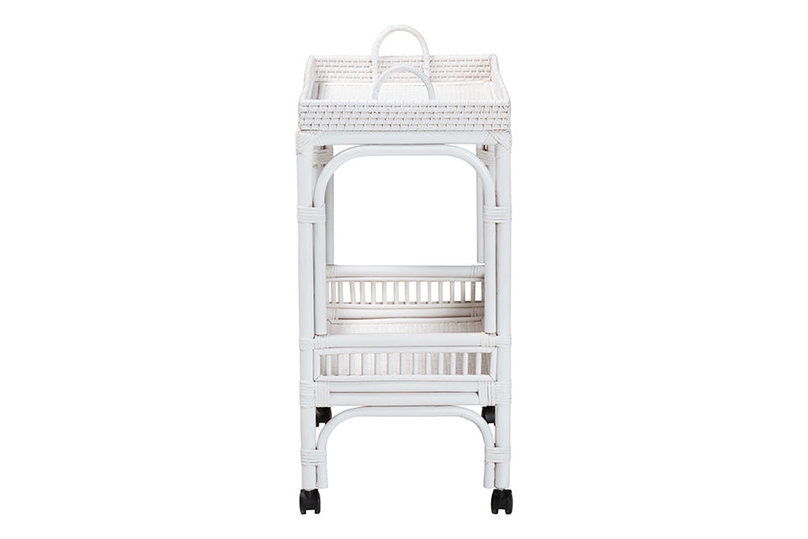 bali & pari Lombok Natural Rattan Wine Cart - Handwoven Wicker 2-Tier Mobile Bar Cart with Raised Tray Top Kitchen or Lounge, White