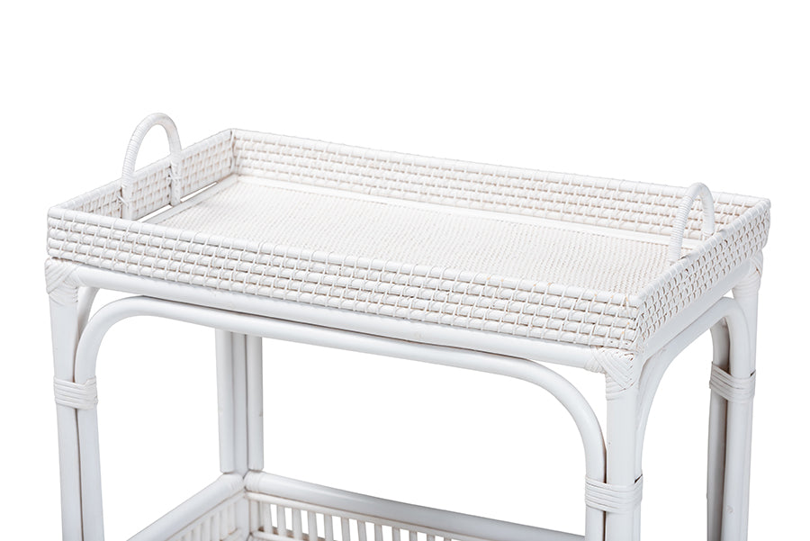 bali & pari Lombok Natural Rattan Wine Cart - Handwoven Wicker 2-Tier Mobile Bar Cart with Raised Tray Top Kitchen or Lounge, White
