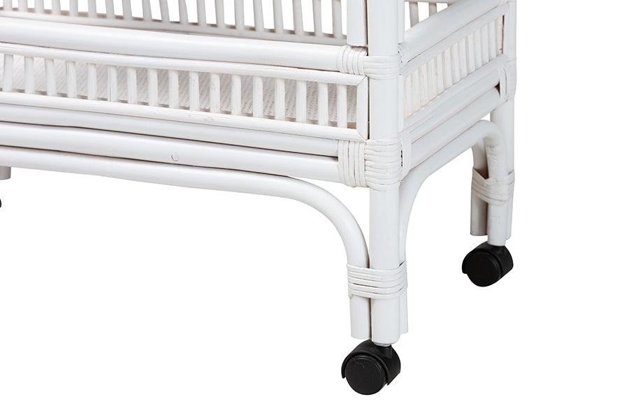 bali & pari Lombok Natural Rattan Wine Cart - Handwoven Wicker 2-Tier Mobile Bar Cart with Raised Tray Top Kitchen or Lounge, White