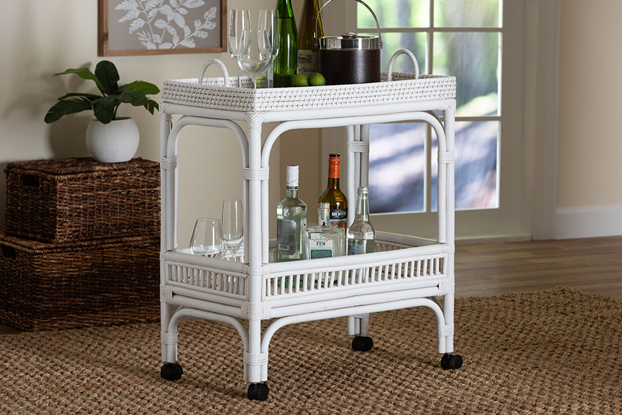 bali & pari Lombok Natural Rattan Wine Cart - Handwoven Wicker 2-Tier Mobile Bar Cart with Raised Tray Top Kitchen or Lounge, White