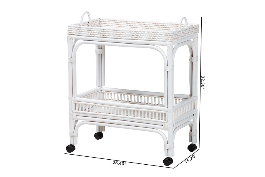 bali & pari Lombok Natural Rattan Wine Cart - Handwoven Wicker 2-Tier Mobile Bar Cart with Raised Tray Top Kitchen or Lounge, White