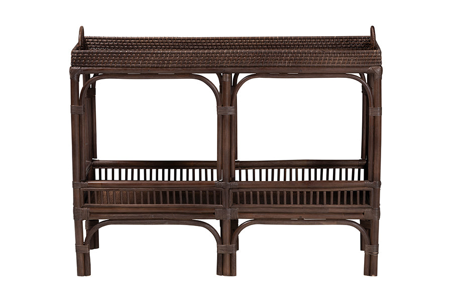 bali & pari Lombok Natural Rattan Console Table - Handwoven Wicker 2-Tier Accent Table with Raised Tray Top for Living Room or Entryway, Espresso