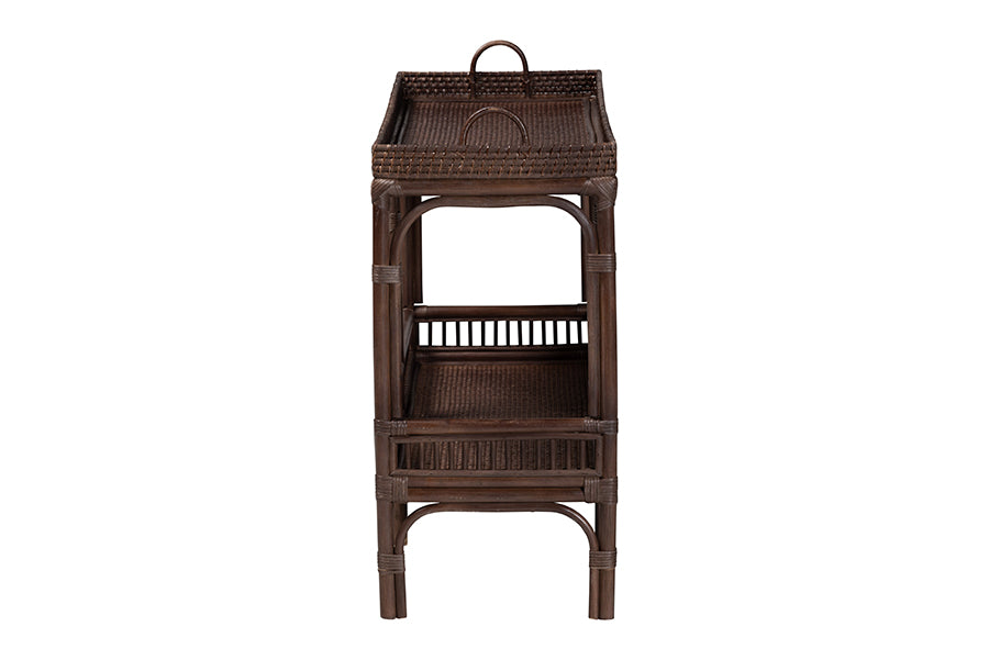 bali & pari Lombok Natural Rattan Console Table - Handwoven Wicker 2-Tier Accent Table with Raised Tray Top for Living Room or Entryway, Espresso
