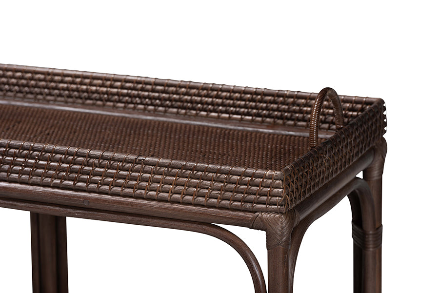 bali & pari Lombok Natural Rattan Console Table - Handwoven Wicker 2-Tier Accent Table with Raised Tray Top for Living Room or Entryway, Espresso