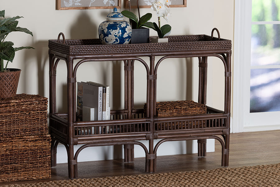 bali & pari Lombok Natural Rattan Console Table - Handwoven Wicker 2-Tier Accent Table with Raised Tray Top for Living Room or Entryway, Espresso