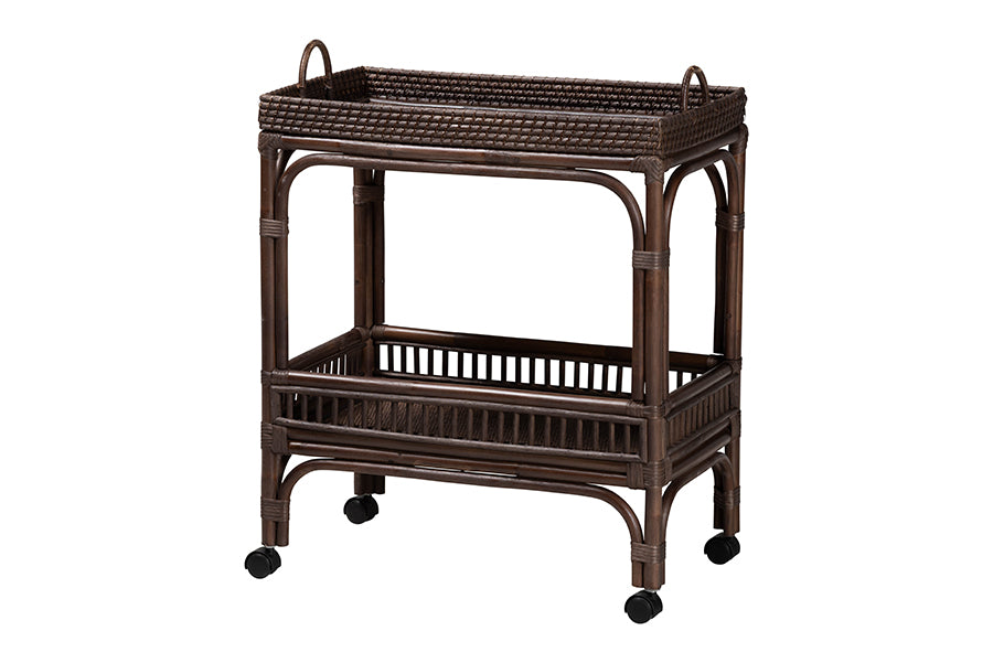 bali & pari Lombok Natural Rattan Wine Cart - Handwoven Wicker 2-Tier Mobile Bar Cart with Raised Tray Top Kitchen or Lounge, Espresso