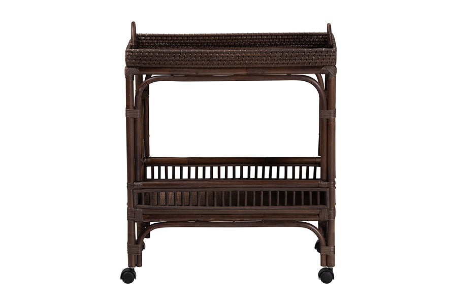 bali & pari Lombok Natural Rattan Wine Cart - Handwoven Wicker 2-Tier Mobile Bar Cart with Raised Tray Top Kitchen or Lounge, Espresso