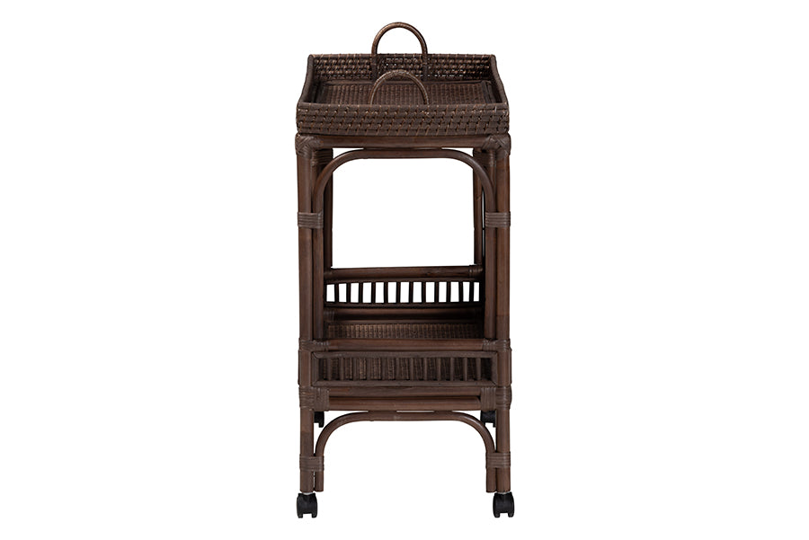 bali & pari Lombok Natural Rattan Wine Cart - Handwoven Wicker 2-Tier Mobile Bar Cart with Raised Tray Top Kitchen or Lounge, Espresso