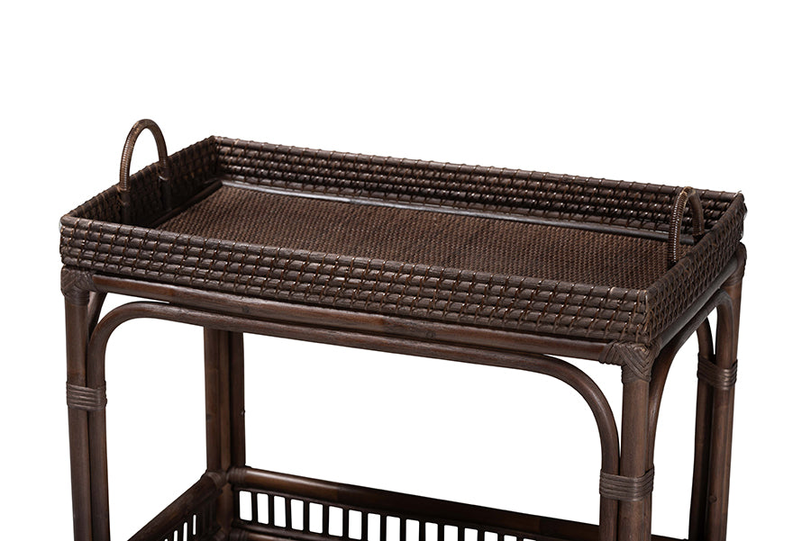 bali & pari Lombok Natural Rattan Wine Cart - Handwoven Wicker 2-Tier Mobile Bar Cart with Raised Tray Top Kitchen or Lounge, Espresso