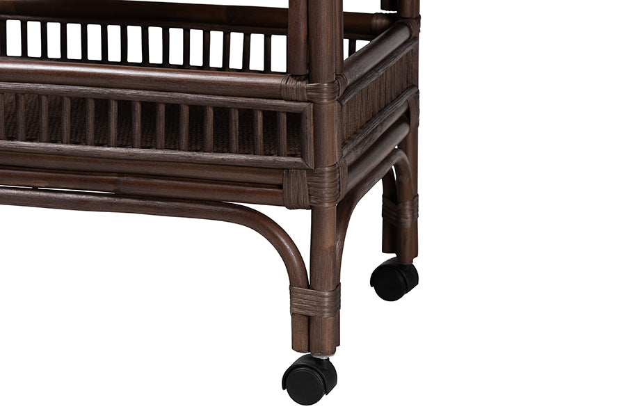 bali & pari Lombok Natural Rattan Wine Cart - Handwoven Wicker 2-Tier Mobile Bar Cart with Raised Tray Top Kitchen or Lounge, Espresso