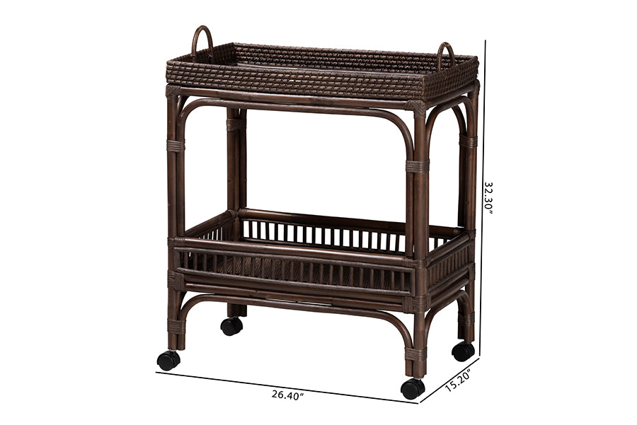 bali & pari Lombok Natural Rattan Wine Cart - Handwoven Wicker 2-Tier Mobile Bar Cart with Raised Tray Top Kitchen or Lounge, Espresso