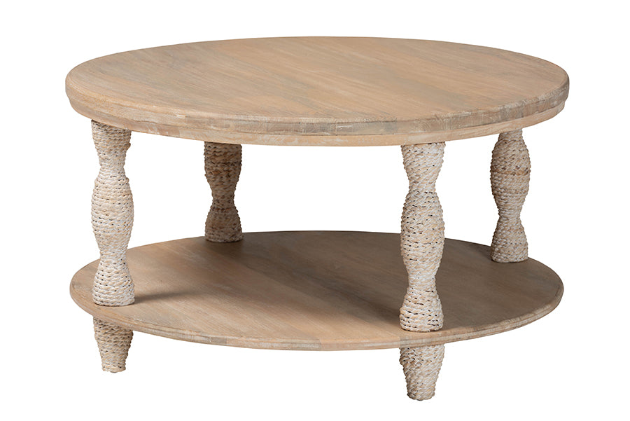 bali & pari Lejane Wood Coffee Table with Seagrass Wrapped Legs - Round Living Room Table with Open Shelf Storage