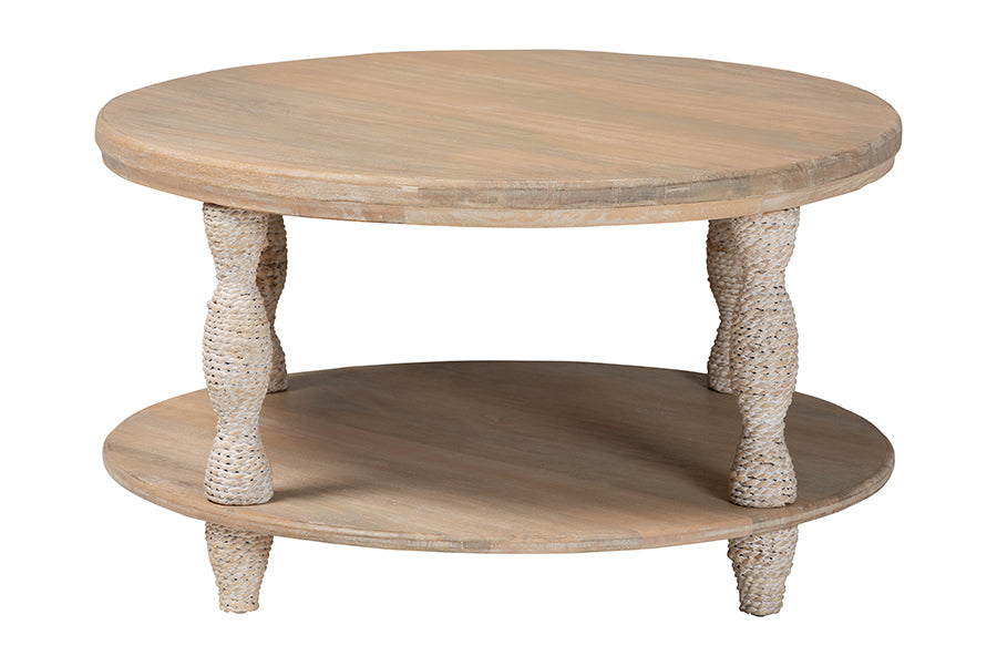 bali & pari Lejane Wood Coffee Table with Seagrass Wrapped Legs - Round Living Room Table with Open Shelf Storage
