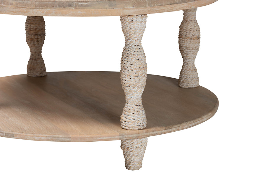 bali & pari Lejane Wood Coffee Table with Seagrass Wrapped Legs - Round Living Room Table with Open Shelf Storage