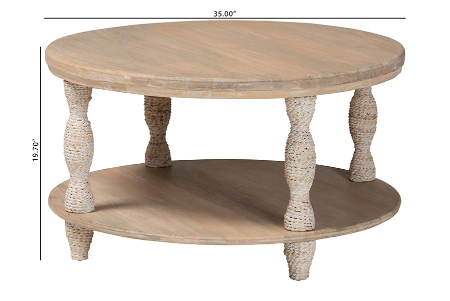 bali & pari Lejane Wood Coffee Table with Seagrass Wrapped Legs - Round Living Room Table with Open Shelf Storage