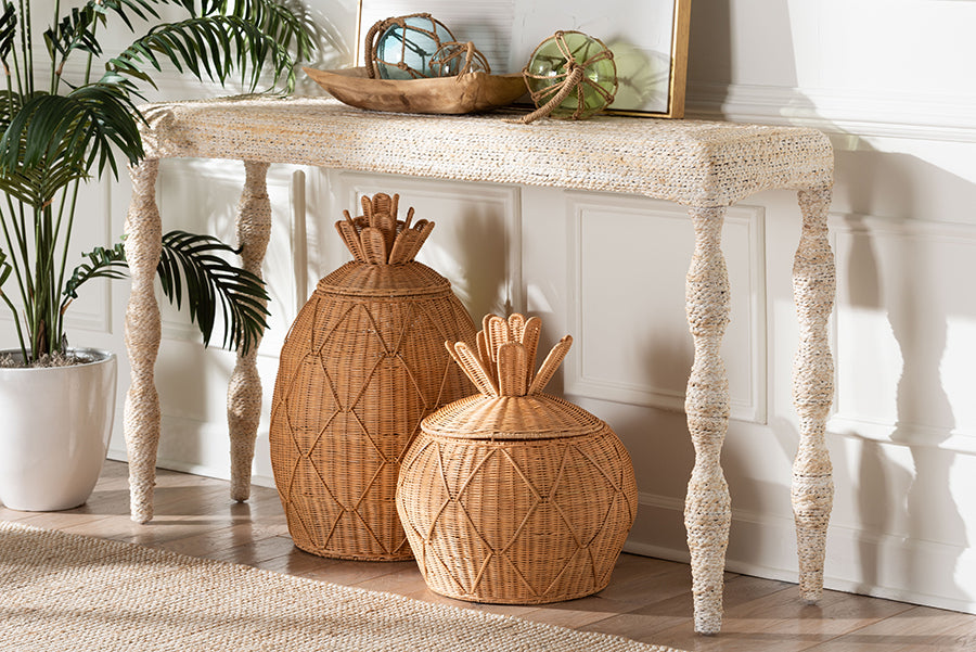 bali & pari Lejane Woven Seagrass Console Table - Handwoven Wicker Waterfall Accent Table with for Entryway, Living Room, or Hallway