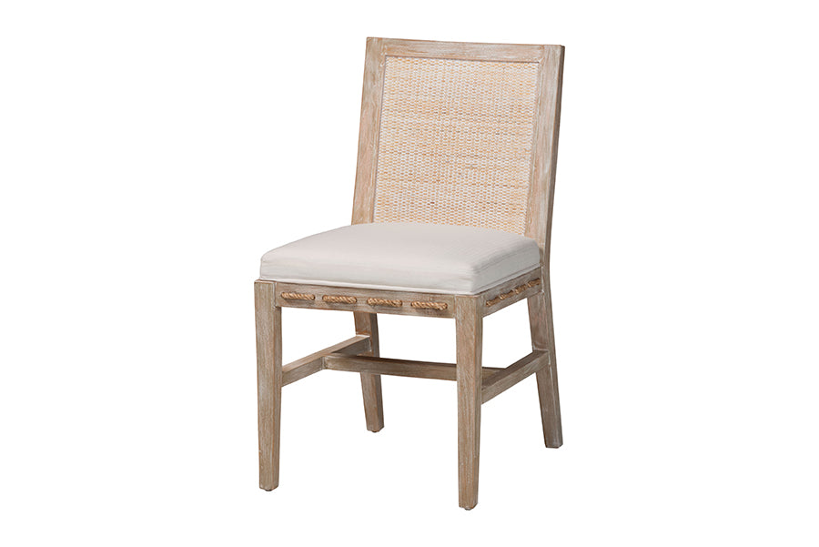 bali & pari Ashford Whitewash Rattan Dining Chair - Mahogany Wood Frame with Handwoven Wicker Backrest and Braided Rope Inserts for Coastal Dining Room