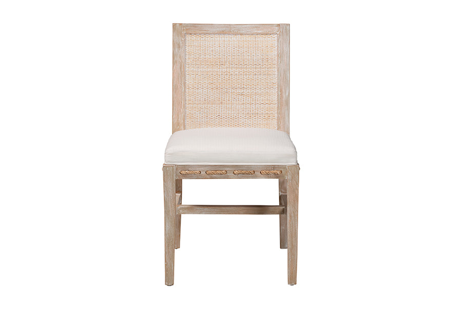 bali & pari Ashford Whitewash Rattan Dining Chair - Mahogany Wood Frame with Handwoven Wicker Backrest and Braided Rope Inserts for Coastal Dining Room