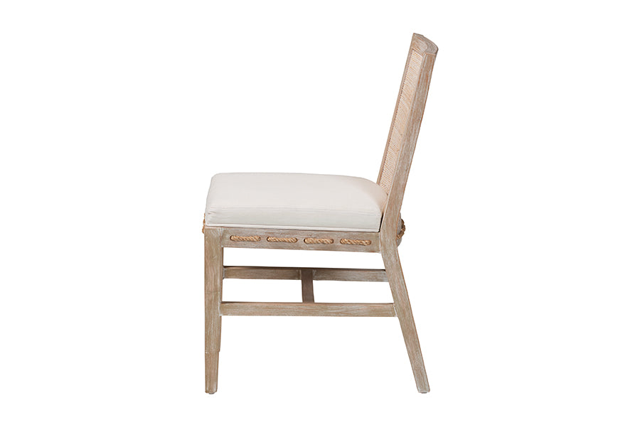 bali & pari Ashford Whitewash Rattan Dining Chair - Mahogany Wood Frame with Handwoven Wicker Backrest and Braided Rope Inserts for Coastal Dining Room
