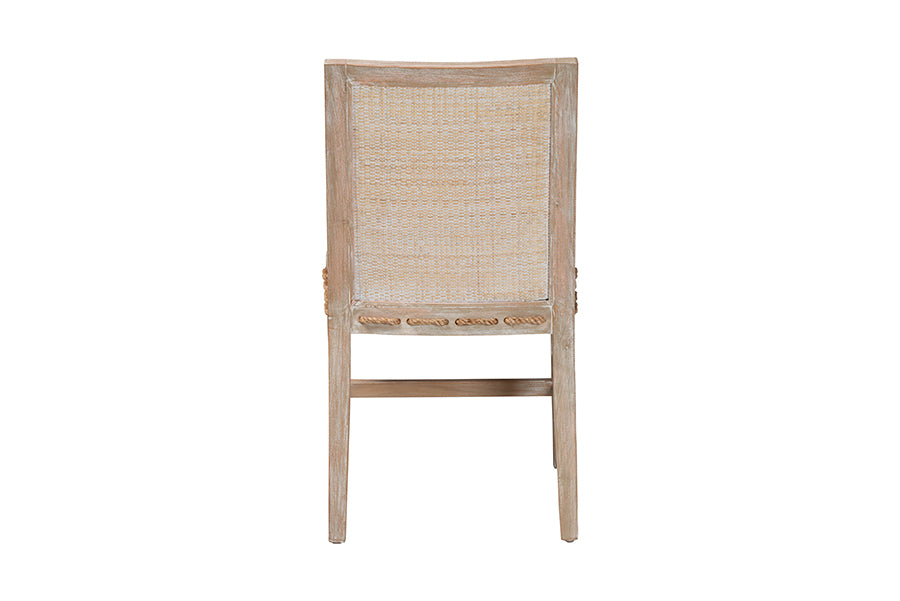 bali & pari Ashford Whitewash Rattan Dining Chair - Mahogany Wood Frame with Handwoven Wicker Backrest and Braided Rope Inserts for Coastal Dining Room