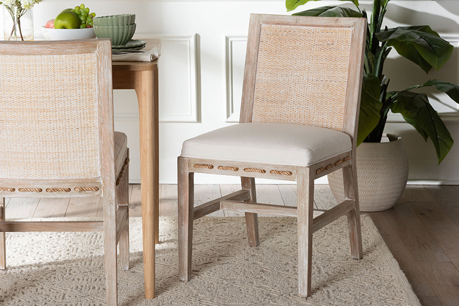 bali & pari Ashford Whitewash Rattan Dining Chair - Mahogany Wood Frame with Handwoven Wicker Backrest and Braided Rope Inserts for Coastal Dining Room