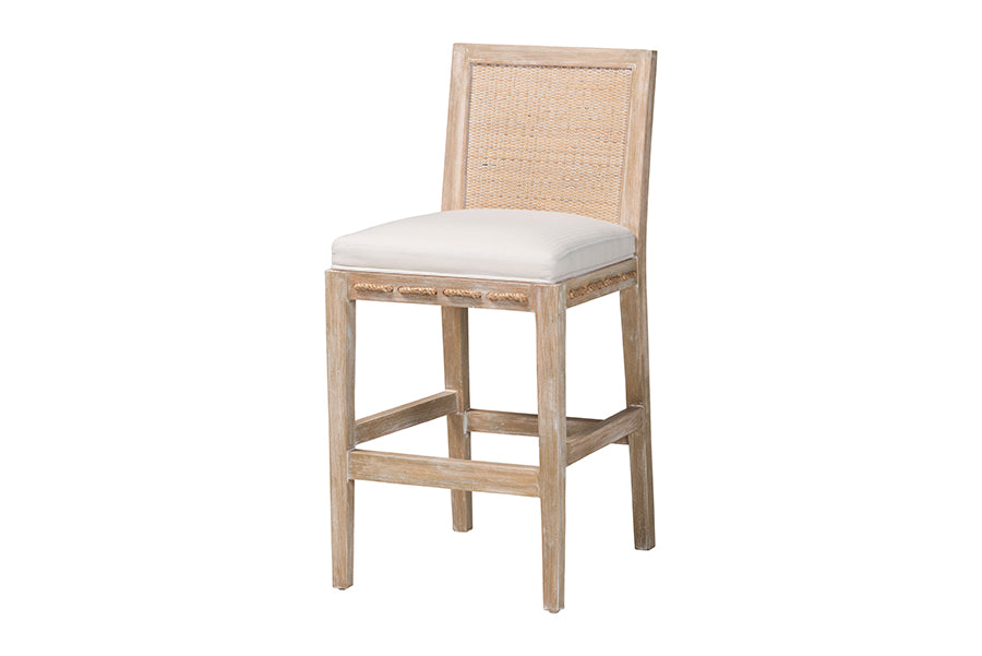 bali & pari Ashford Whitewash Rattan Counter Stool - Mahogany Wood Frame with Handwoven Wicker Backrest and Braided Rope Inserts for Coastal Kitchen