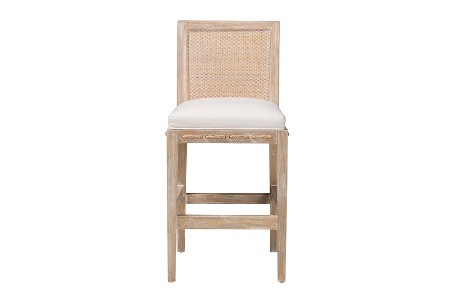bali & pari Ashford Whitewash Rattan Counter Stool - Mahogany Wood Frame with Handwoven Wicker Backrest and Braided Rope Inserts for Coastal Kitchen