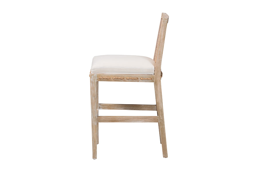 bali & pari Ashford Whitewash Rattan Counter Stool - Mahogany Wood Frame with Handwoven Wicker Backrest and Braided Rope Inserts for Coastal Kitchen