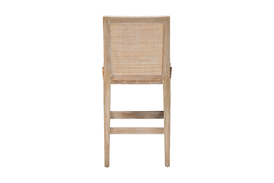 bali & pari Ashford Whitewash Rattan Counter Stool - Mahogany Wood Frame with Handwoven Wicker Backrest and Braided Rope Inserts for Coastal Kitchen