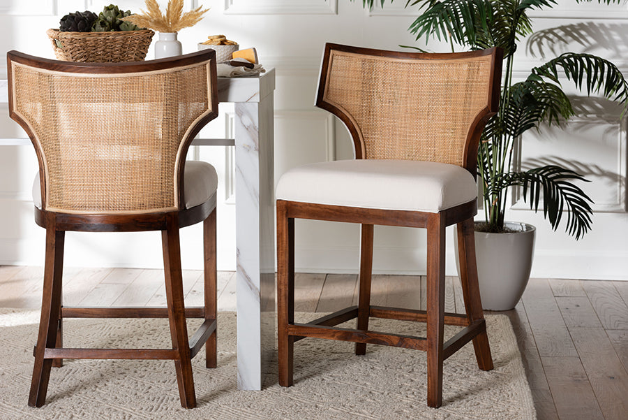 bali & pari Franco Counter Stool - Sculpted Seating with Woven Rattan Backrest and Upholstered Seat for Kitchen or Lounge
