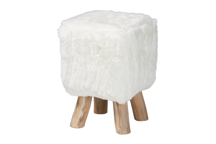 bali & pari Scotlyn Faux Fur Footstool with Teak Wood Legs - Rustic Boho Accent Seat, Handmade Decorative Footrest for Living Room or Bedroom, White