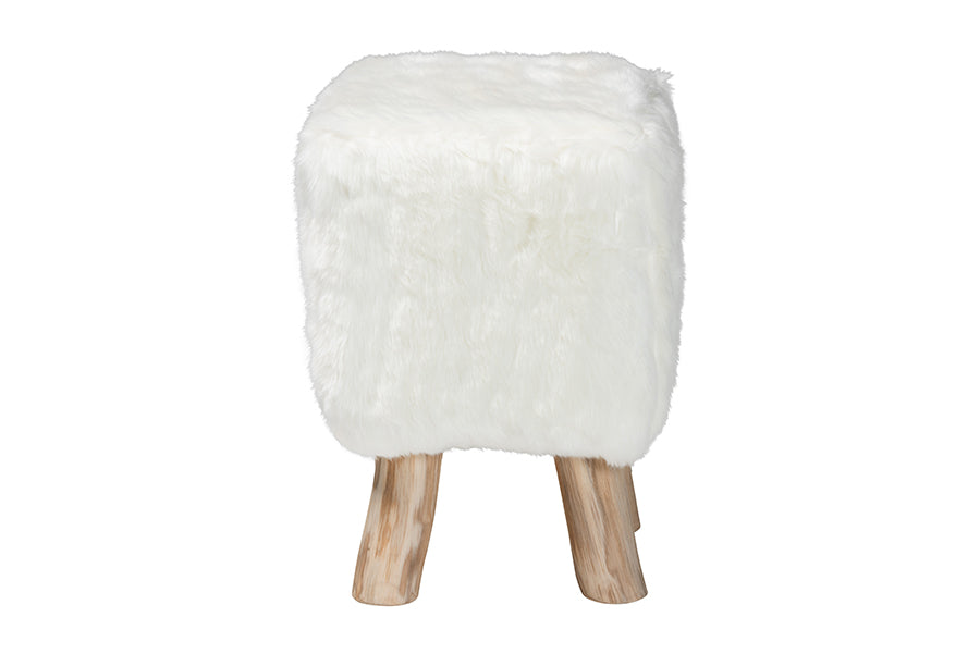 bali & pari Scotlyn Faux Fur Footstool with Teak Wood Legs - Rustic Boho Accent Seat, Handmade Decorative Footrest for Living Room or Bedroom, White