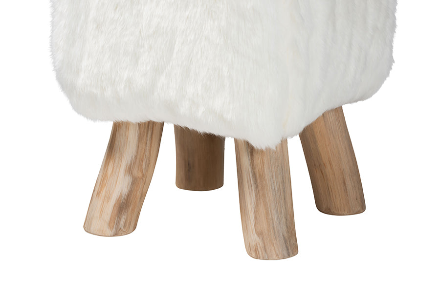 bali & pari Scotlyn Faux Fur Footstool with Teak Wood Legs - Rustic Boho Accent Seat, Handmade Decorative Footrest for Living Room or Bedroom, White
