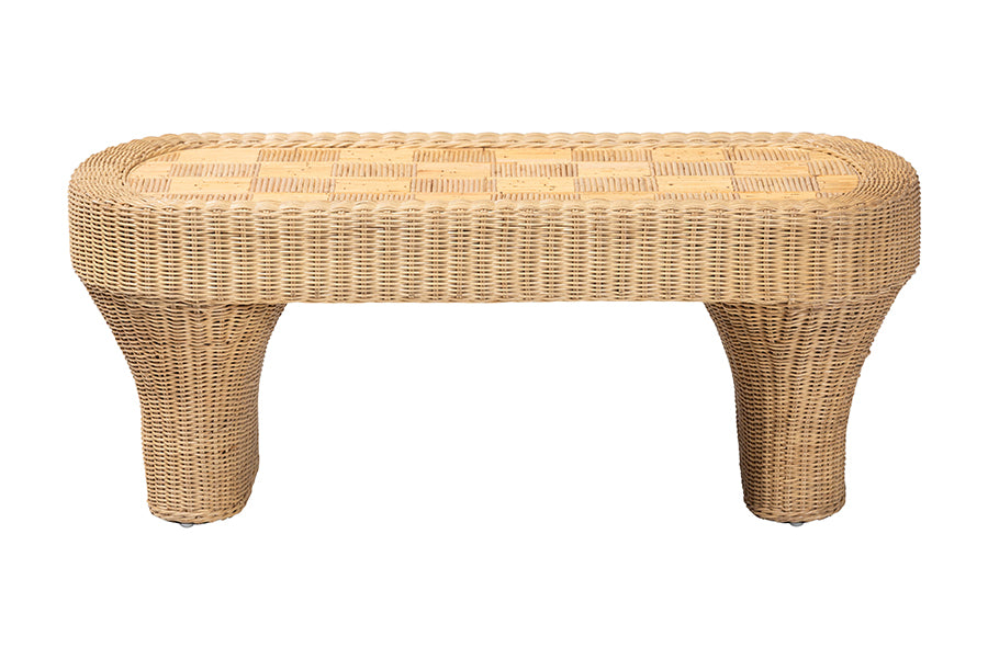 bali & pari Canika Natural Rattan Coffee Table - Handwoven Wicker Accent Table with Checkered Tabletop and Waterfall Base for Living Room or Sunroom