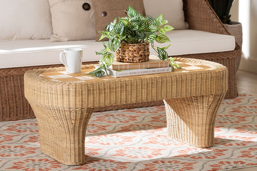 bali & pari Canika Natural Rattan Coffee Table - Handwoven Wicker Accent Table with Checkered Tabletop and Waterfall Base for Living Room or Sunroom