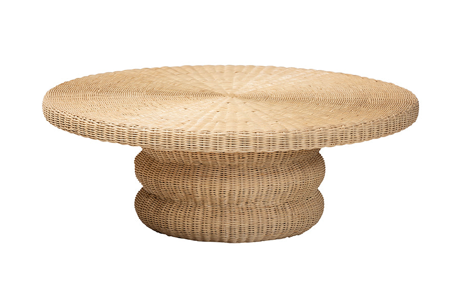 bali & pari Silvia Natural Rattan Coffee Table - Handwoven Wicker Accent Cocktail Table with Pedestal Base for Living Room or Sunroom