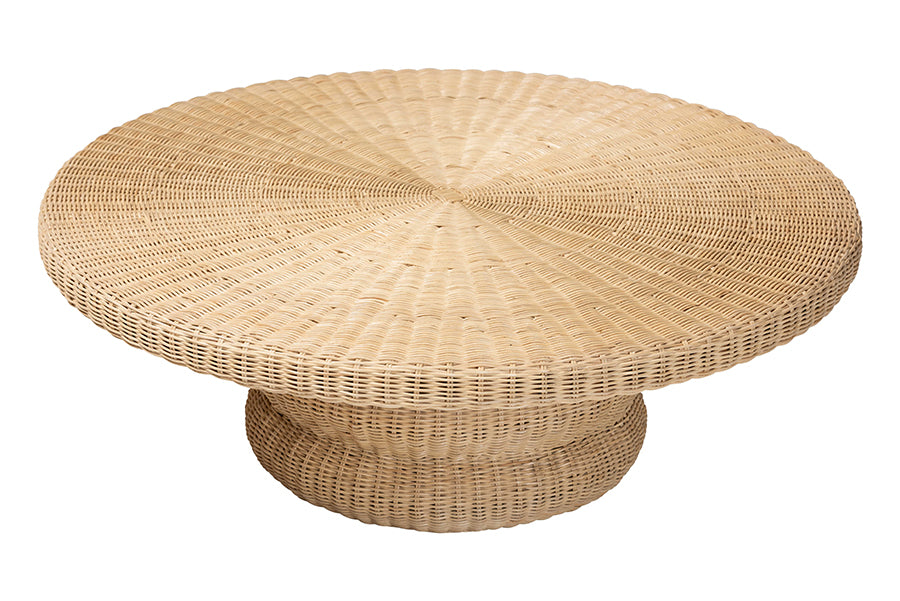 bali & pari Silvia Natural Rattan Coffee Table - Handwoven Wicker Accent Cocktail Table with Pedestal Base for Living Room or Sunroom