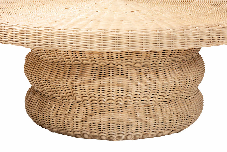 bali & pari Silvia Natural Rattan Coffee Table - Handwoven Wicker Accent Cocktail Table with Pedestal Base for Living Room or Sunroom