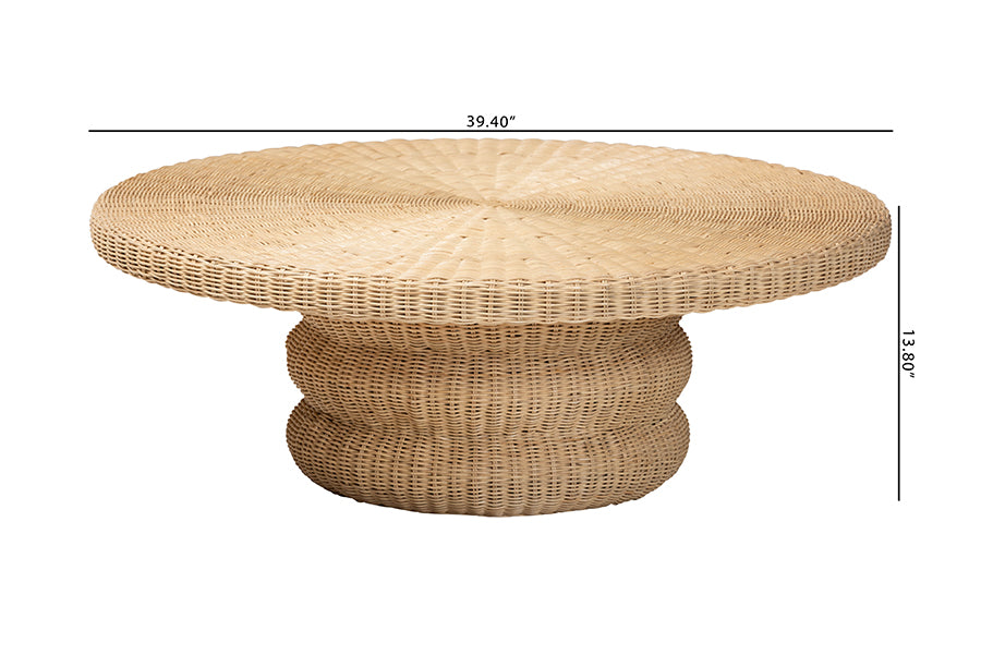 bali & pari Silvia Natural Rattan Coffee Table - Handwoven Wicker Accent Cocktail Table with Pedestal Base for Living Room or Sunroom