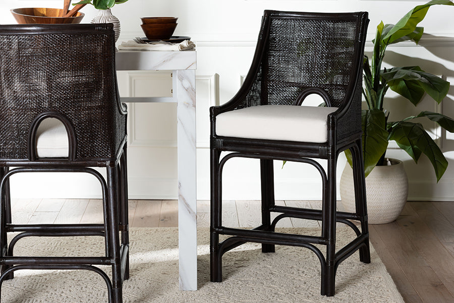 bali & pari Acton Natural Rattan Counter Stool - Handwoven Wicker Accent Stool with Tall Back and Sloped Arms, Boho Coastal Kitchen Seating