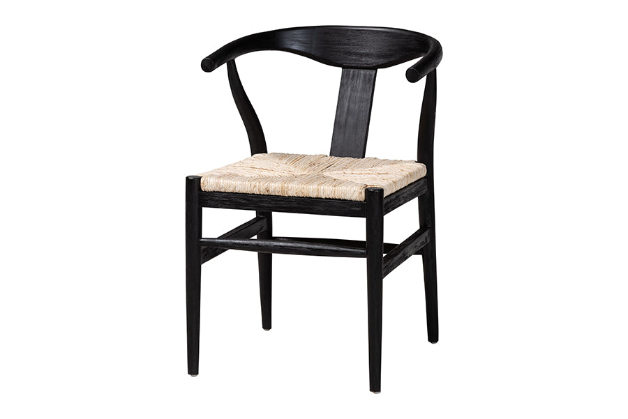 bali & pari Fika Wishbone Dining Chair with Handwoven Seagrass Seat - Mahogany Wood Frame Armchair for Modern Coastal Dining Rooms, Black